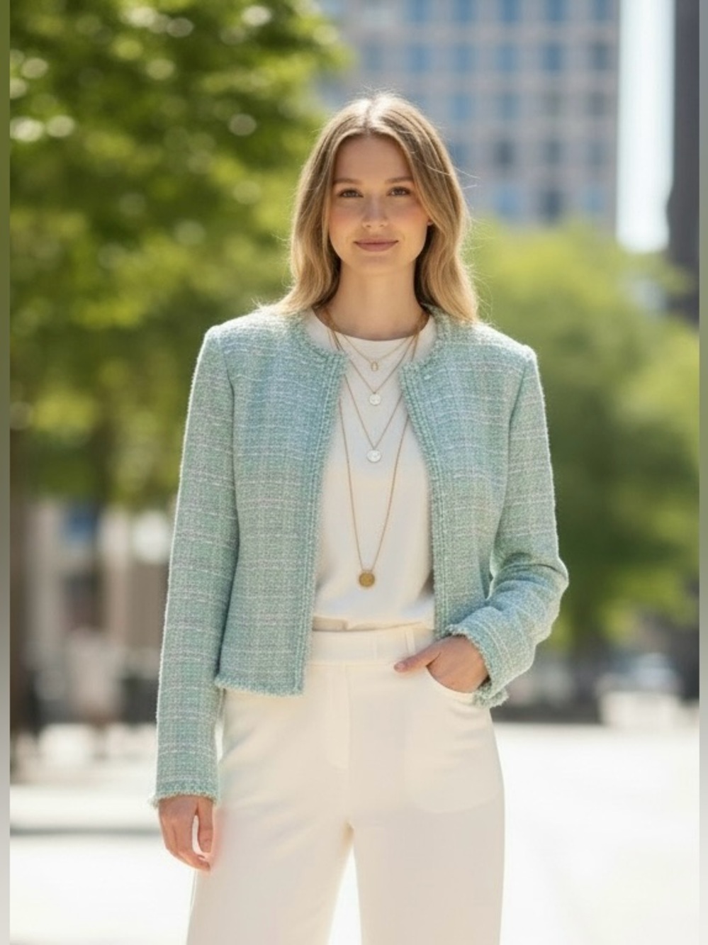 IRO Paris Zamia Mint Green Tweed Boucle Open Front Jacket Size 34 XS NWT $595